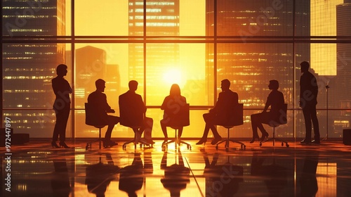 Silhouette of Business Team Engaged in Strategic Discussion Against Captivating Backdrop Signifying Corporate Strategy, Teamwork, and Vision