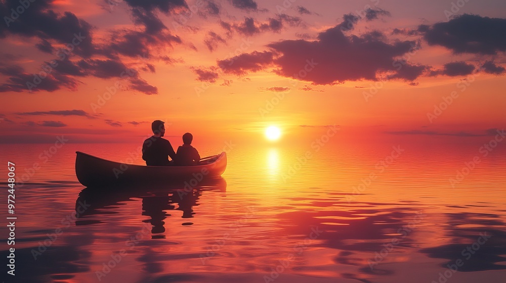 A serene scene capturing a father and son sitting in a canoe on calm water, with a stunning sunset backdrop A serene scene capturing a father and son sitting in a canoe on calm water, with a stunning sunset backdrop