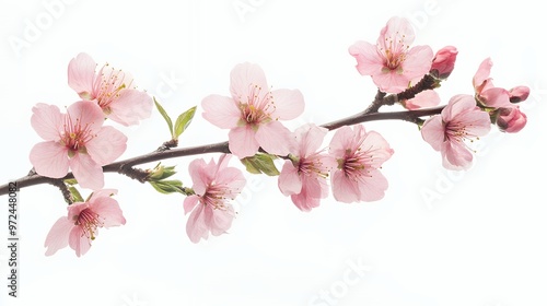 Delicate pink blossom branch with soft petals on white background.