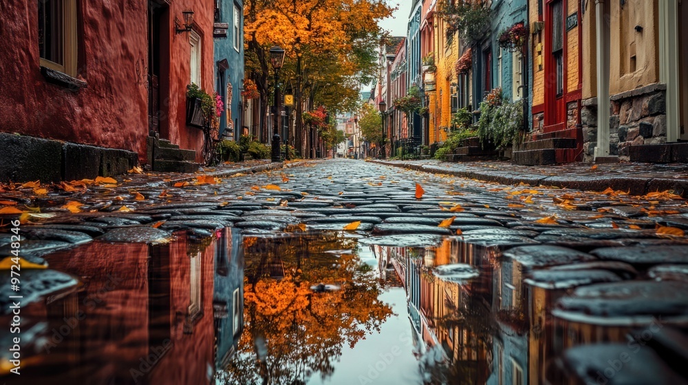 Fototapeta premium A vintage street scene with rain falling gently on cobblestone streets and colorful buildings reflecting in the puddles