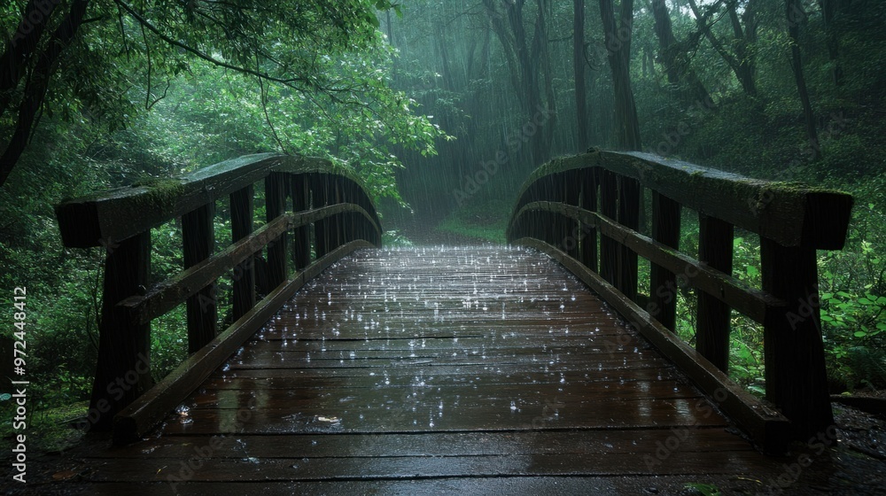 A wooden bridge covered in rain, with droplets hanging from the railings and mist rising from the forest floor A wooden bridge covered in rain, with droplets hanging from the railings and mist rising from the forest floor
