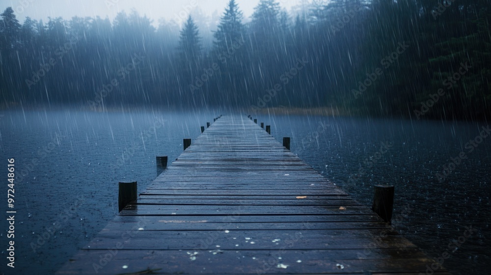 Obraz premium A wooden pier extending into a rain-covered lake, with mist and rain blurring the horizon