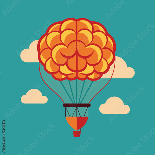 Hot air balloon, brain-shaped, orange and red colors, stylized clouds, teal background, retro illustration style, minimalist design, vector art, symmetrical composition, creative concept,