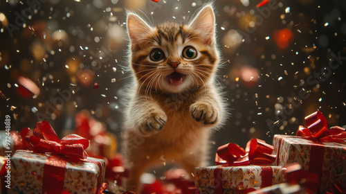 A playful Munchkin cat jumping into a pile of colorful, wrapped presents, photo