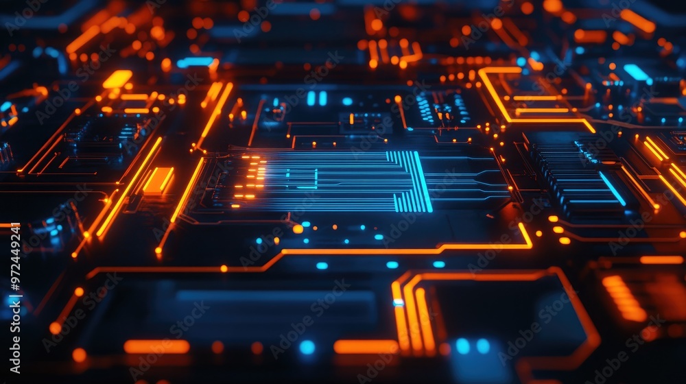 Abstract futuristic circuit board with glowing orange and blue lines. Abstract futuristic circuit board with glowing orange and blue lines.