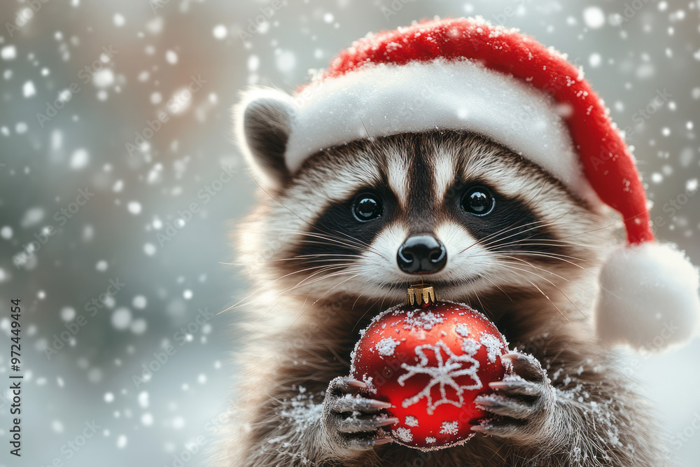 A small, playful raccoon wearing a Santa hat and holding a Christmas ornament, A small, playful raccoon wearing a Santa hat and holding a Christmas ornament,