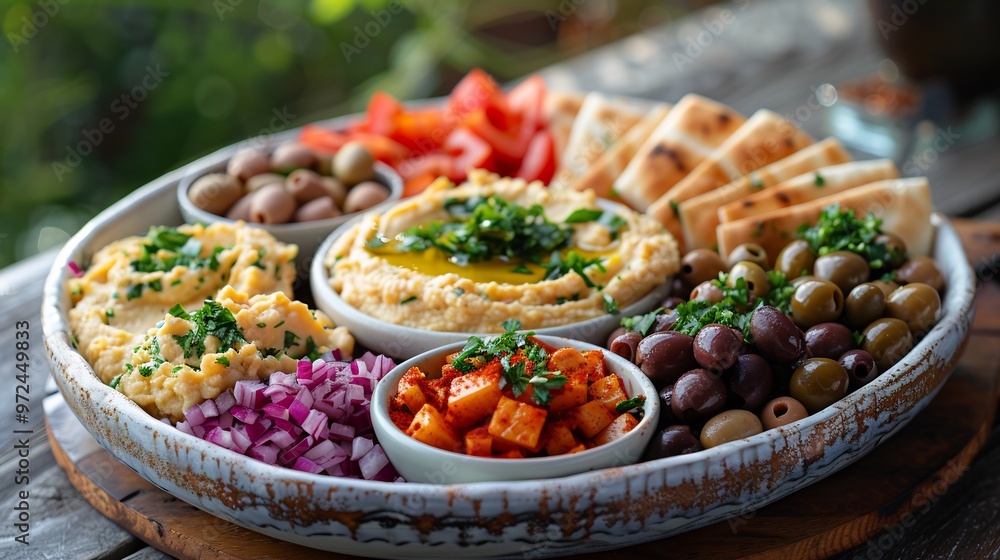 Colorful Mediterranean mezze platter with hummus baba ganoush olives and pita bread arranged beautifully on a white plate Colorful Mediterranean mezze platter with hummus baba ganoush olives and pita bread arranged beautifully on a white plate