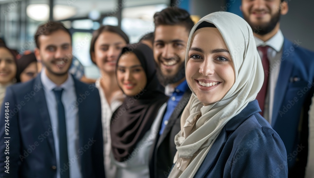 Diverse group of smiling Muslim multicultural businesspeople standing together in an office, showcasing inclusion diversity and collaboration within the corporate world. Middle eastern commercial Diverse group of smiling Muslim multicultural businesspeople standing together in an office, showcasing inclusion diversity and collaboration within the corporate world. Middle eastern commercial