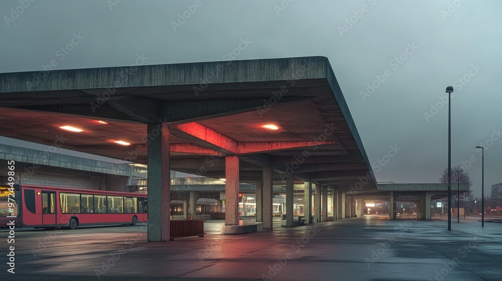 Brutalist bus terminal with angular concrete canopies and stark, exposed structures, creating a sense of cold efficiency. 4K hyperrealistic photo. Brutalist bus terminal with angular concrete canopies and stark, exposed structures, creating a sense of cold efficiency. 4K hyperrealistic photo.
