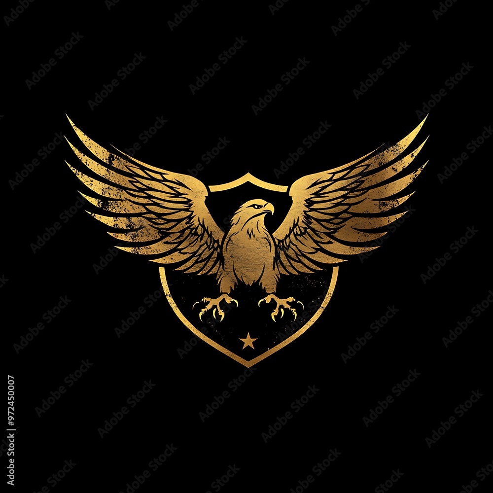 Fototapeta premium Golden Eagle with Spread Wings Holding Shield with Star
