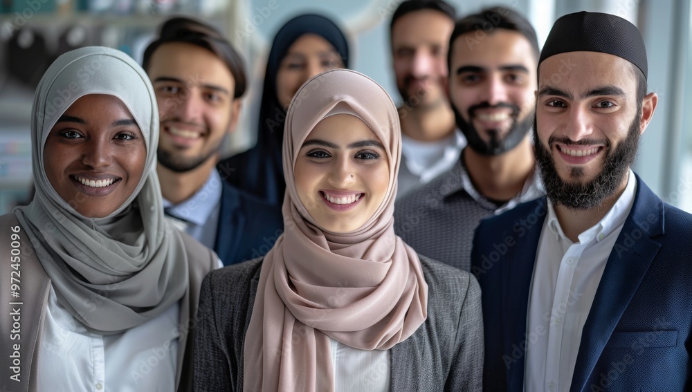 Diverse group of smiling Muslim multicultural businesspeople standing together in an office, showcasing inclusion diversity and collaboration within the corporate world. Middle eastern commercial Diverse group of smiling Muslim multicultural businesspeople standing together in an office, showcasing inclusion diversity and collaboration within the corporate world. Middle eastern commercial