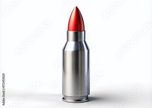 A sleek silver bullet with a vibrant red tip stands upright, casting a subtle shadow, isolated on a photo