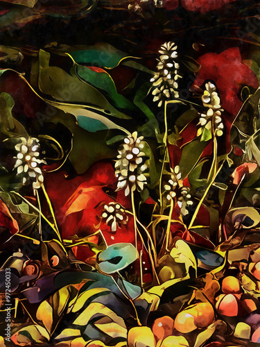 Painting of wild flowers on a dark background. Fantasy illustration of colorful plants in a lush rainforest