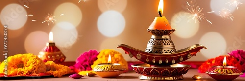 Traditional Indian Diya Lamps Lit for Diwali Celebration - Festive Background with Warm Glow