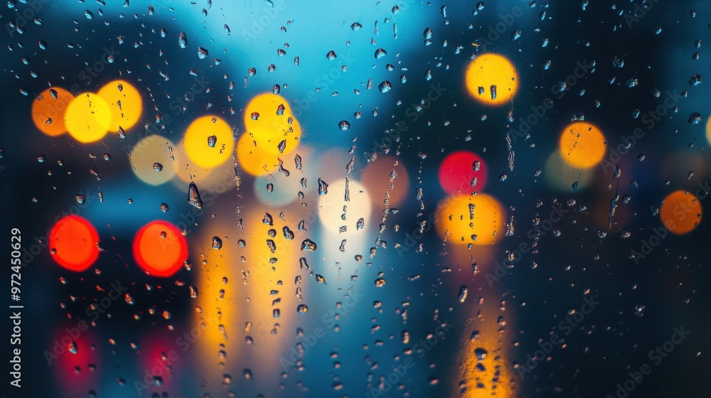 Raindrops on a car window, with blurred city lights creating a bokeh effect in the background Raindrops on a car window, with blurred city lights creating a bokeh effect in the background