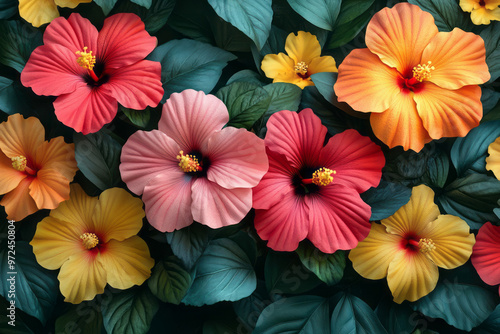 An isometric flat pattern of hibiscus flowers in vibrant reds, pinks, and yellows,