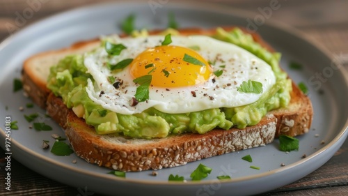 Delicious Avocado Toast Topped with a Perfectly Fried Egg and Fresh Herbs on Crunchy Whole Grain Bread