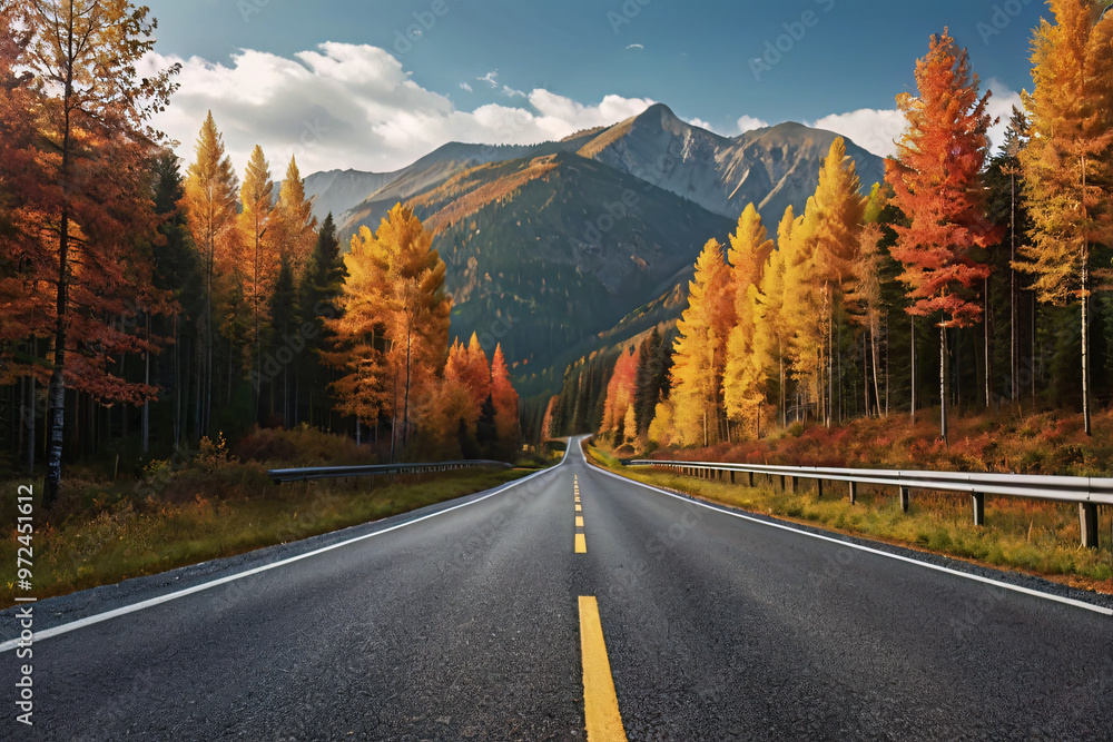 Realistic autumn season with road pathway and tree with orange red and yellow leaf color change in fall time landscape with cloud sky background in concept of peaceful travel and expoloration Realistic autumn season with road pathway and tree with orange red and yellow leaf color change in fall time landscape with cloud sky background in concept of peaceful travel and expoloration