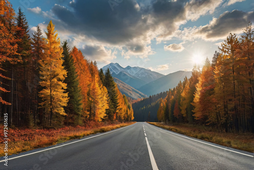 Realistic autumn season with road pathway and tree with orange red and yellow leaf color change in fall time landscape with cloud sky background in concept of peaceful travel and expoloration photo