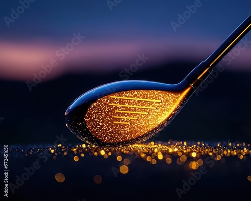 A close-up of a golf club head reflecting golden light against a blurred sunset background, showcasing fine details and texture. 3D photo