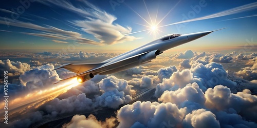 A sleek, silver supersonic jet soars through the clouds, leaving a trail of condensed water vapor as it photo