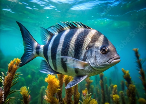 A sleek, silvery sheepshead fish with vibrant black stripes and spiky dorsal fins swims vertically in crystal-clear photo