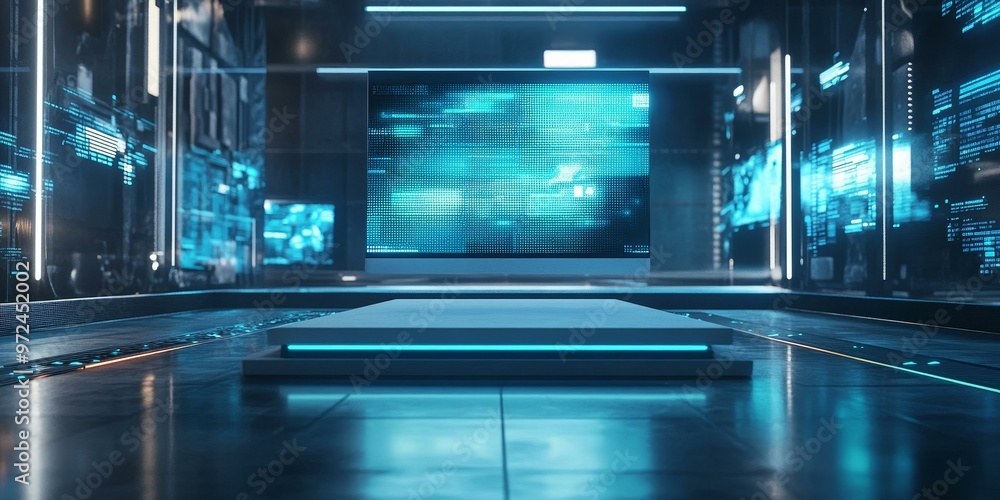 Futuristic blue glowing room with a platform. Futuristic blue glowing room with a platform.