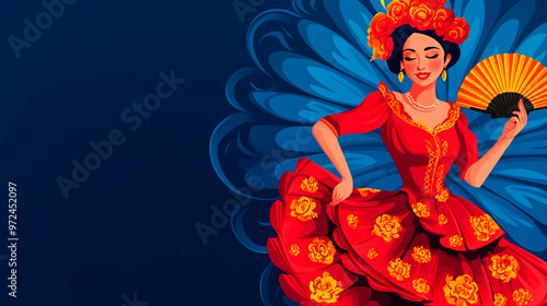 Illustration of a Spanish woman in a flowing red dress and fan, passionately dancing flamenco with grace on a blue background. Copy space.