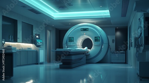 A high-tech MRI machine in a clean, sterile imaging room, waiting for the next patient