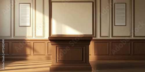 Wooden pedestal in front of wall with frames.