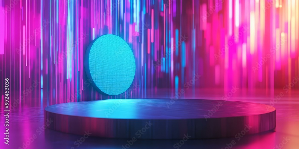 Neon lights illuminate a circular platform. Neon lights illuminate a circular platform.
