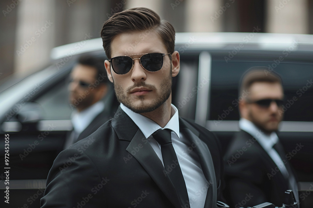Professional security guards in black suits made with generative AI technology Professional security guards in black suits made with generative AI technology