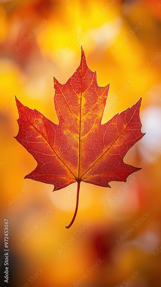 A vibrant red maple leaf suspended in golden autumn light against a blurred background A vibrant red maple leaf suspended in golden autumn light against a blurred background
