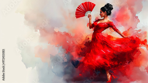 Watercolor illustration of a Spanish woman dancing flamenco in a vibrant red dress, exuding passion and elegance. Copy space.