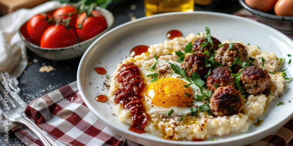 Enjoy a Mediterranean-Inspired Breakfast Featuring Sunny Side Up Eggs, Creamy Oatmeal, and Flavorful Meatballs on a White Plate Arranged on a Checked Tablecloth. Enjoy a Mediterranean-Inspired Breakfast Featuring Sunny Side Up Eggs, Creamy Oatmeal, and Flavorful Meatballs on a White Plate Arranged on a Checked Tablecloth.