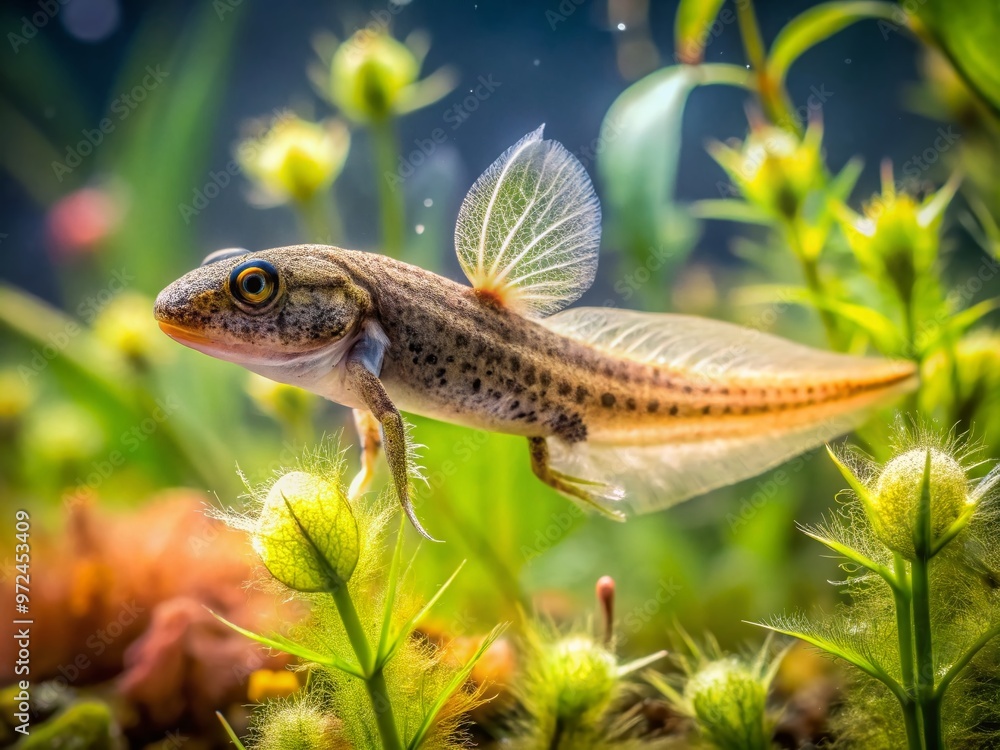 A small, aquatic, carnivorous tadpole-like larva with feathery gills and a long tail, floating in clear water, A small, aquatic, carnivorous tadpole-like larva with feathery gills and a long tail, floating in clear water,