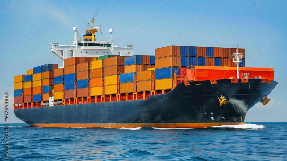 Fototapeta premium a logistics cargo container ship that travels by sea to import, export, and distribute products to dealers and consumers around the world. Cargo container ship. Cargo ship