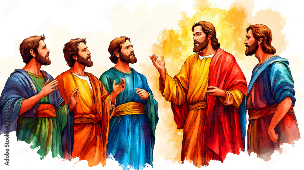 Jesus Christ preaches to his disciples in this dynamic watercolor illustration, highlighting the importance of his teachings. Religion, Christianity concept. Copy space. Jesus Christ preaches to his disciples in this dynamic watercolor illustration, highlighting the importance of his teachings. Religion, Christianity concept. Copy space.