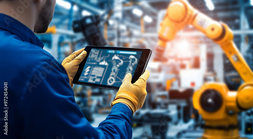 Photo of an engineer using a tablet to control robot arms in an industrial factory, showing the integration between the digital and physical worlds for streamlined production.