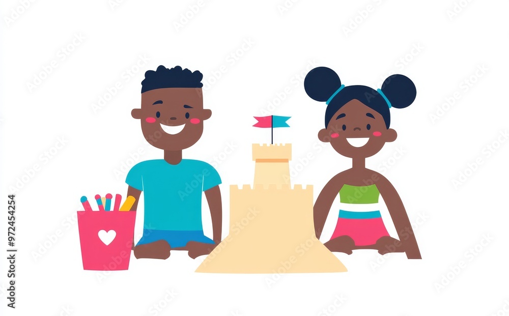 A sandcastle is being built by one of the children as the two children play in the sand A sandcastle is being built by one of the children as the two children play in the sand