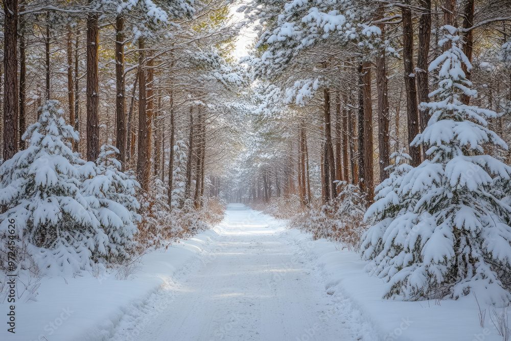 A snowy forest path lined with towering pine trees, A snowy forest path lined with towering pine trees,