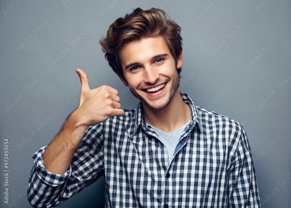 A smiling young adult with a casual hairstyle and trendy outfit throws a relaxed gesture, flashing the familiar A smiling young adult with a casual hairstyle and trendy outfit throws a relaxed gesture, flashing the familiar