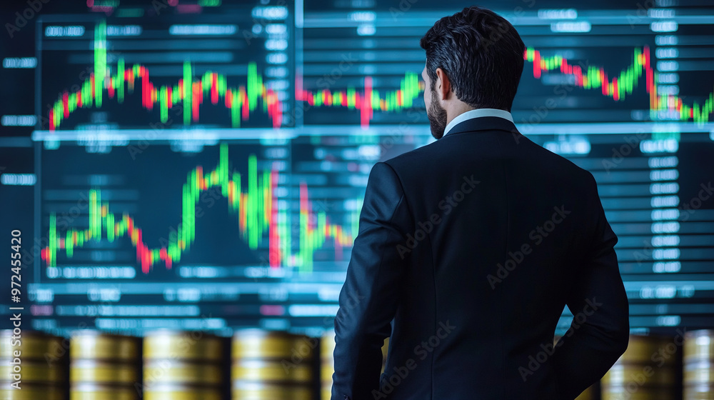 Fototapeta premium Businessman observing oil barrels and business stock market chart, symbolizing oil price fluctuations and market instability, highlighting the impact of energy industry fluctuations on the economy.