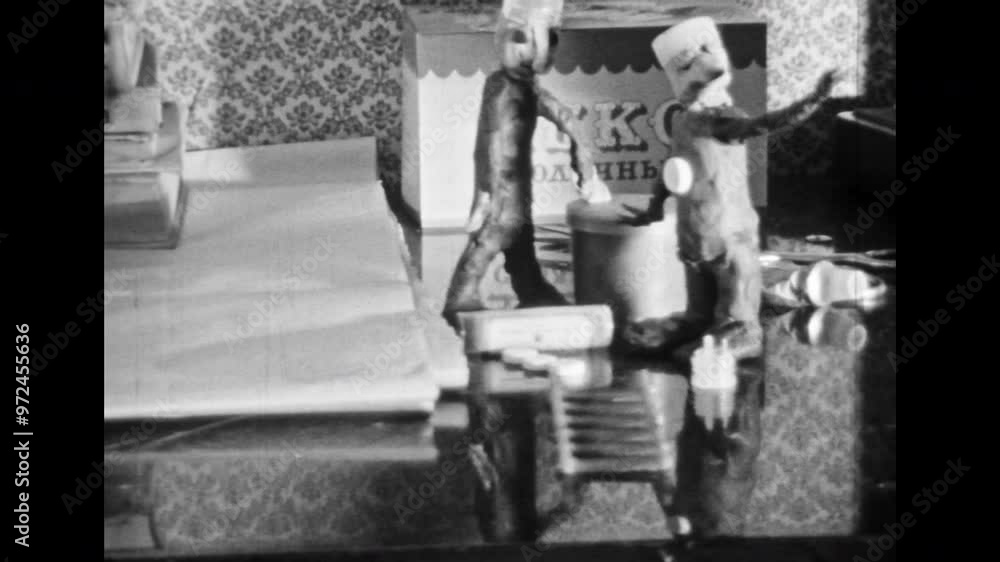 Comical animation, funny doll men have fun, joking. Retro black white child film. Cheerful old plasticine stop motion cartoon. Ridiculous humor vintage black white animated film. Comic archive 1980s