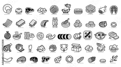 Set of food icons in black and white style. Icons on white background. Concept of various food items. Vector illustration