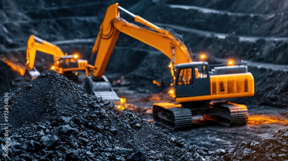 Heavy machinery at a mining site during twilight with a dramatic sky. Heavy machinery at a mining site during twilight with a dramatic sky.