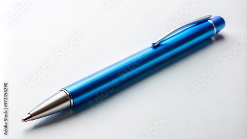 A solitary blue pen lies horizontally on a clean, white background, its bold tip and sleek design evoking