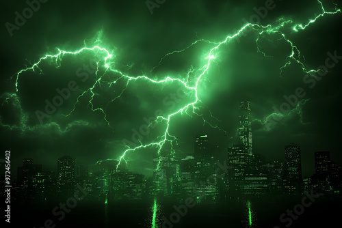 A dramatic cityscape illuminated by green lightning against a dark, stormy sky.