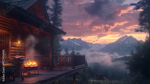 A rustic cabin porch, glowing embers in a smoker grill, smoke swirling as steaks and corn cook, with towering mountains in the distance, photorealistic, cinematic lighting