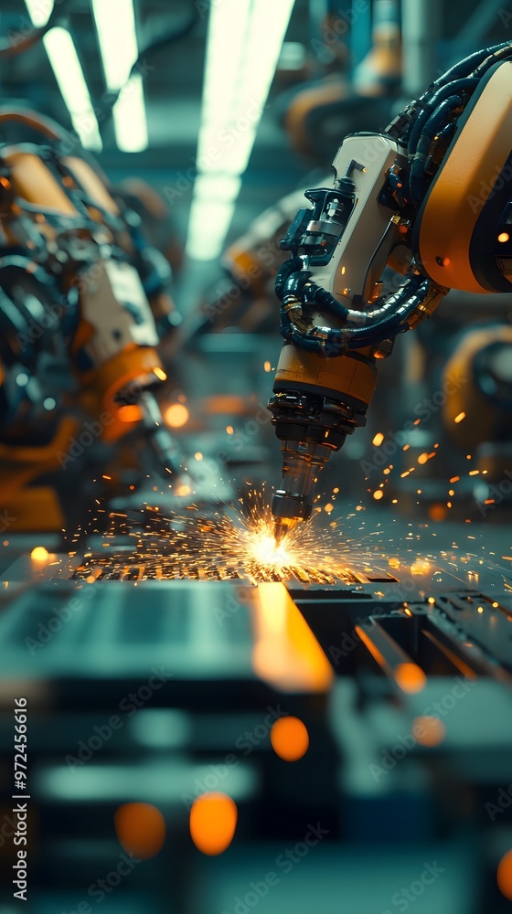 A group of robotic arms welding and repairing pouches on a production line in the background A group of robotic arms welding and repairing pouches on a production line in the background
